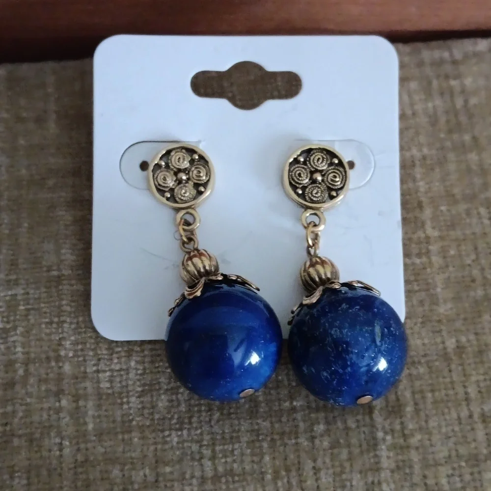 Gold Tone Faux Lapis Blue Dangle Bead Post Earrings